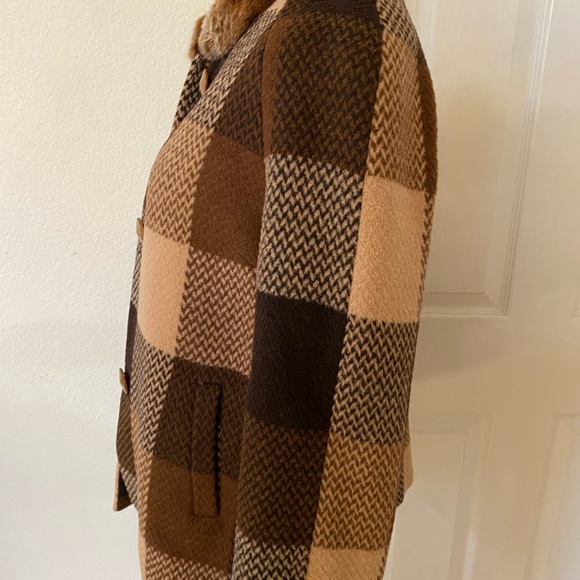Alpaca Fashion Classic Basynu Lapin fur collar plaid coat, brown/beige Size M - Picture 12 of 16